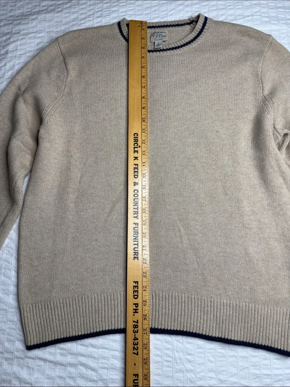 J. Crew Men’s Crewneck Wool Blend Sweater in Beige with Navy Trim - Size L